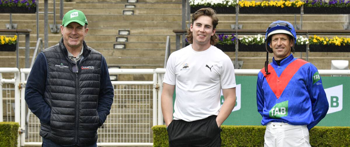 Track stars: Horse trainer Josh O'Shea, alongside Rohan Browning and Hugh Bowman. Picture: Graynoise.