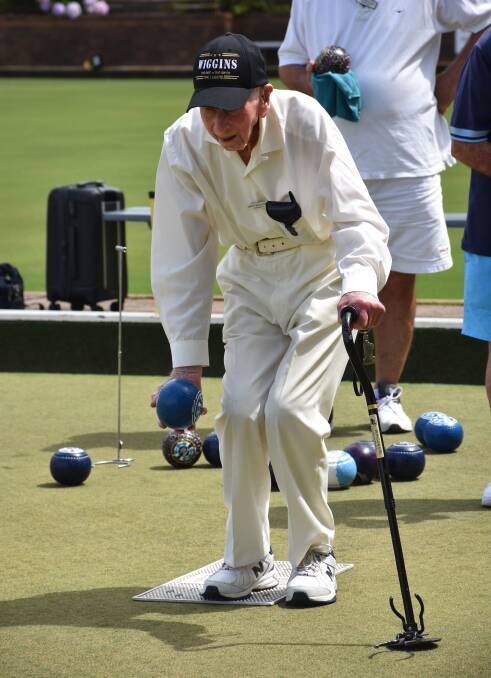 Centurian: Ron Wiggins OAM bowls at Cronulla Bowling Club, where the number three bowls green is named in his honor. Picture: Supplied.