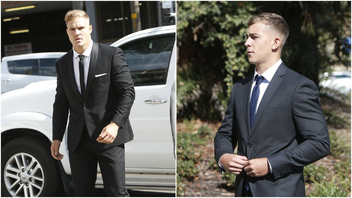 Jack de Belin (left) and Callan Sinclair (right) arrive at Wollongong court on Monday. Pictures: Anna Warr