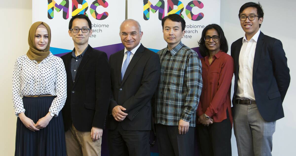 GROUND BREAKING: MRC Research staff (left to right) Dr Fatima El-Assaad, Dr Howard Chi Ho Yim, Professor Emad El-Omar, Dr Lan Gong, Dr Meera Esvaran and Andrew Gia.
