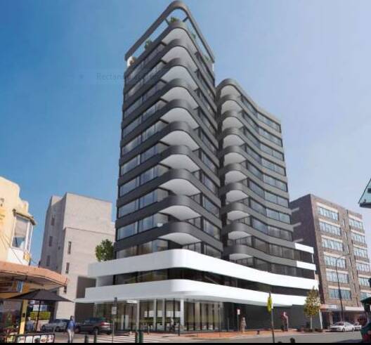 A photomontage of the original proposal, which is similar to the amended proposal, when viewed from the corner of Butler Road and Ormonde Parade, Hurstville. Source: Allen Jack Cottier Architects. 