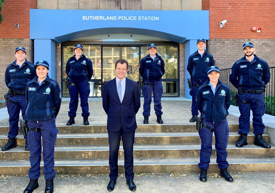 Cronulla MP Mark Speakman pictured with new probationary constables at Sutherland Police Station in August, 2020.