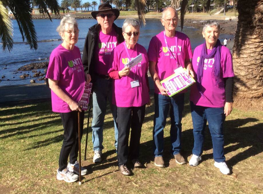 Far right Barry Silburn, Unity Walk organiser and Lesley Errington, co-ordinator Kiama Parkinson's Support Group invite everyone to join in the fun on Sunday, August 25 at 11am at Black Beach, the eastern end of Terralong St Kiama.