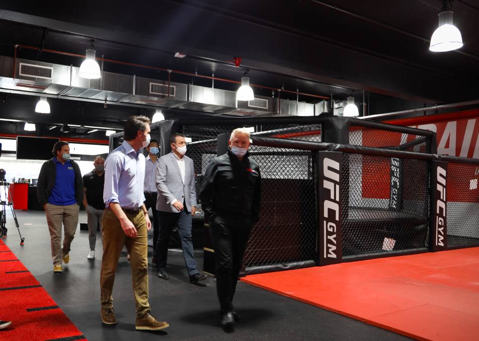 Kogarah MP and NSW Labor Leader Chris Minns, Rockdale MP and NSW Shadow Minister for Small Business Steve Kamper, and NSW Shadow Treasurer Daniel Mookhey visiting Rockdale businesses UFC Gym yesterday.