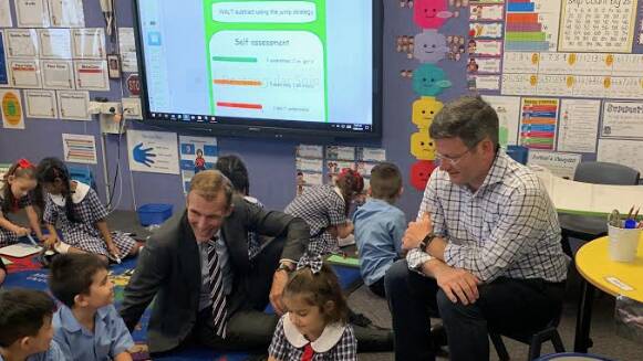 Multi-purpose learning: Education Minister Rob Stokes and Oatley MP Mark Coure visiting Hurstville Grove Infants School last week.