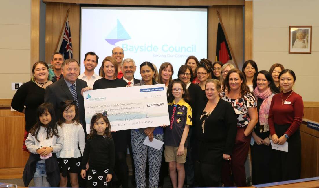 Community support: Mayor Bill Saravinovski (left) with representatives of community groups that received support under the Bayside Council Community Grant Program earlier this year.