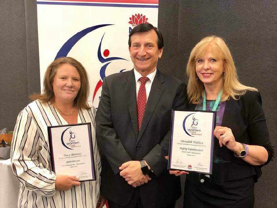 Honoured: Bayside Council's Manager Airport Business Unit, Airport
Business Unit Tracy Moroney, Ron Hoenig MP, and Bayside Council General Manager Meredith Wallace with their awards.