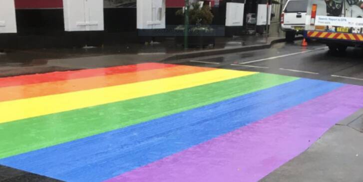 The Rainbow crossing installed on Forest Road, Hurstville by Georges River Council as part of Pride Month.