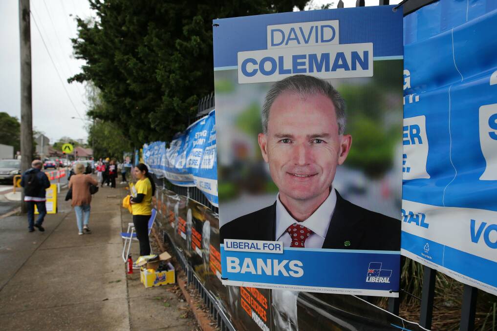 Sign of the times: The Liberal Party's David Coleman has been re-elected to the seat of Banks for a fourth term while experiencing a swing against him of 5.5 per cent. Picture: John Veage