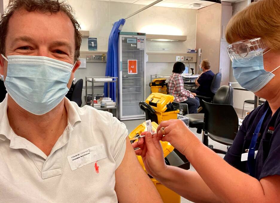 Cronulla MP Mark Speakman receiving his second AstraZeneca shot at St George Hospital last month.