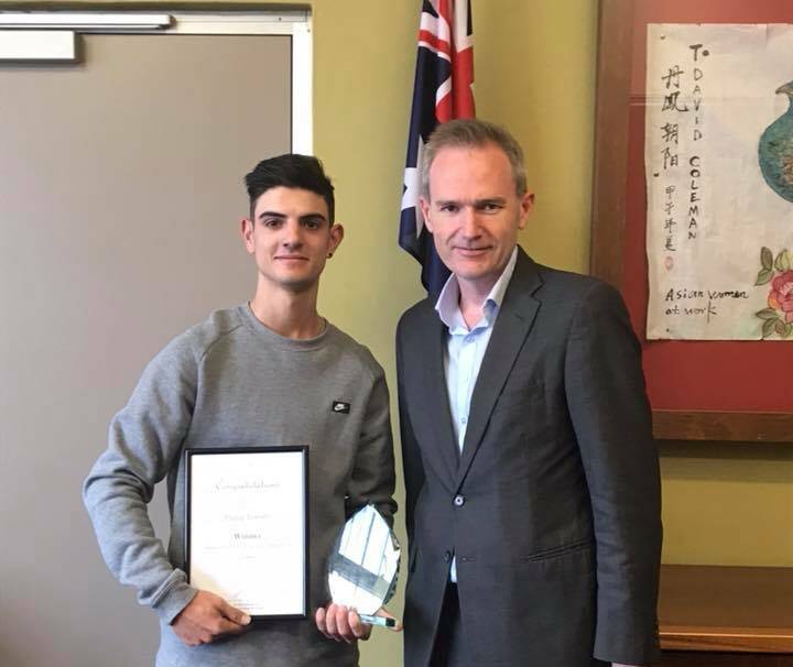 Dedication to work and study: Philip Lotorto, winner of this year’s winner of the Banks Apprentice of the Year Award with Banks MP David Coleman