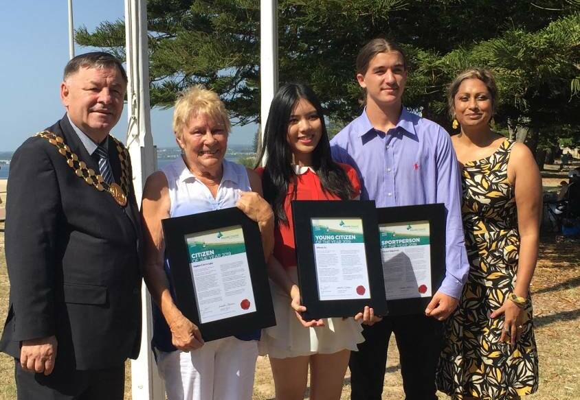 Proud citizens: from left, Bayside Council mayor Bill Saravinovski, 2019 Citizen of the Year Marion Cartwright, Young Citizen of the Year Winola Su, Sportsperson of the Year Cooper Kilpatrick, and Australia Day Ambassador Indira Naidoo.