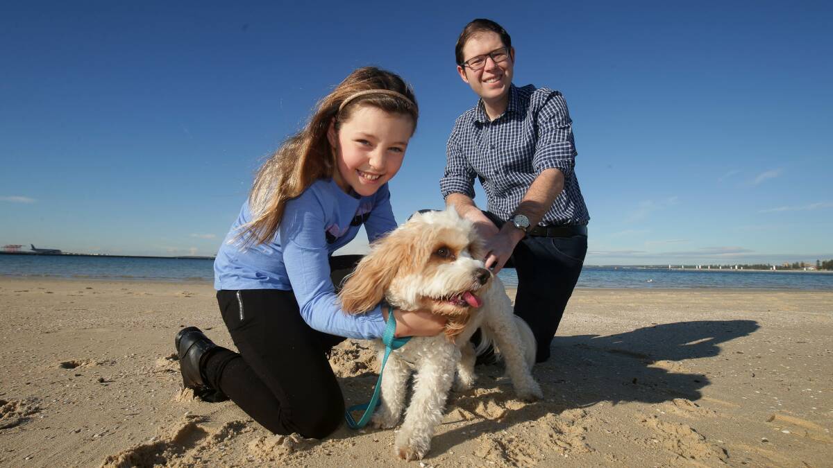Free run: Isabella Gale and Councillor Ed McDougall with Charlie the Cavoodle on at Kyeemagh. Picture: Chris Lane