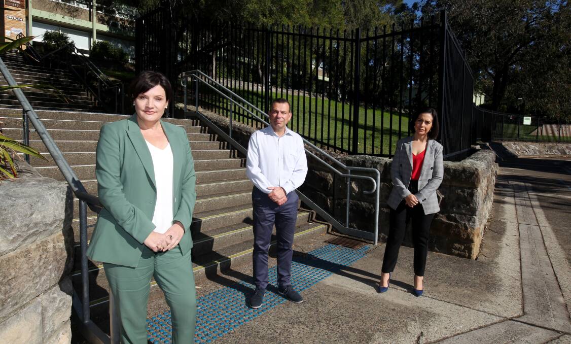 Upgrade call: From left, NSW Labor Leader Jodi McKay at Engadine High School with the Labor Spokesperson for Heathcote, Mark Buttigieg and Shadow Education Minister Prue Car. Picture: Chris Lane