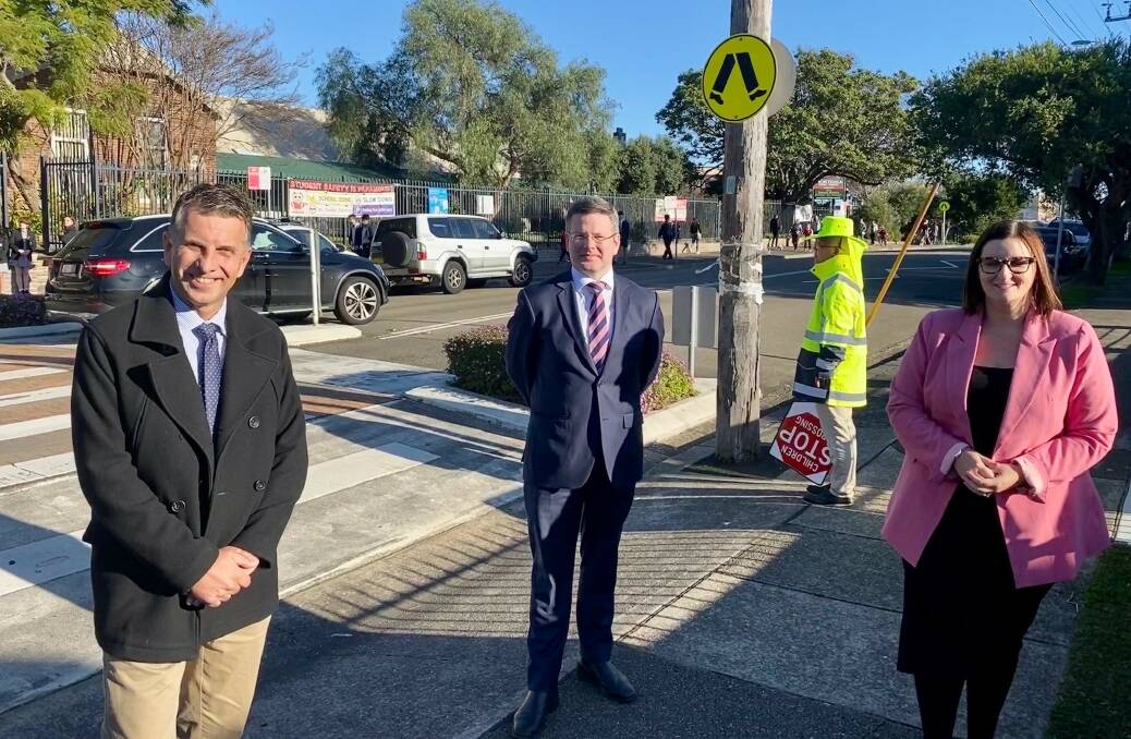 Safe crossings: from left, NSW Minister for Transport and Roads, Andrew Constance, Oatley MP Mark Coure and NSW Minister for Education and Early Childhood Learning, Sarah Mitchell at Mortdale Public School where the official launch of the announcement took place.