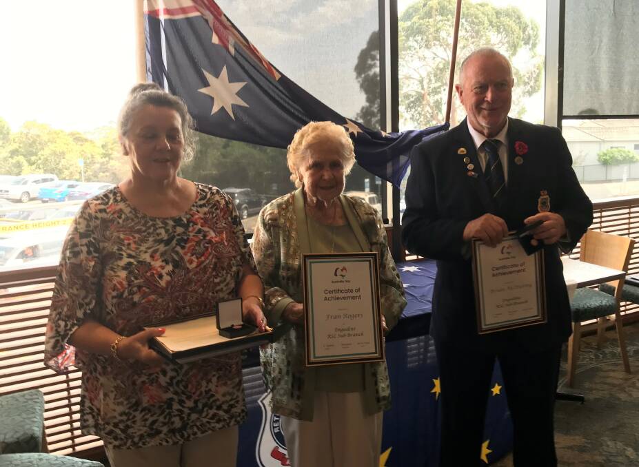 Fran Rogers, centre with Marcie and Brian McInerney with their awards presented by the Engadine RSL Sub Branch.
