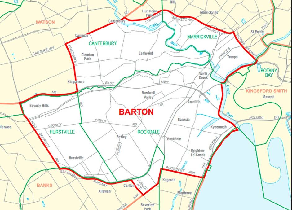 Boundaries: Barton includes Bexley, Brighton-Le-Sands, Carlton (part), Earlwood, Hurstville, Kingsgrove (part), Kyeemagh, Rockdale, Tempe and Wolli Creek.
