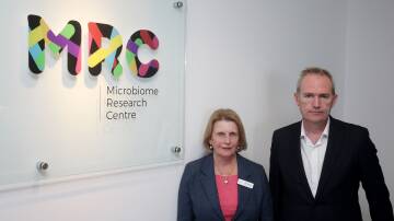 Federal Member for Banks David Coleman and St George and Sutherland Medical Research Foundation CEO Pamela Brown at the Microbiome Research Centre. Picture: Chris Lane