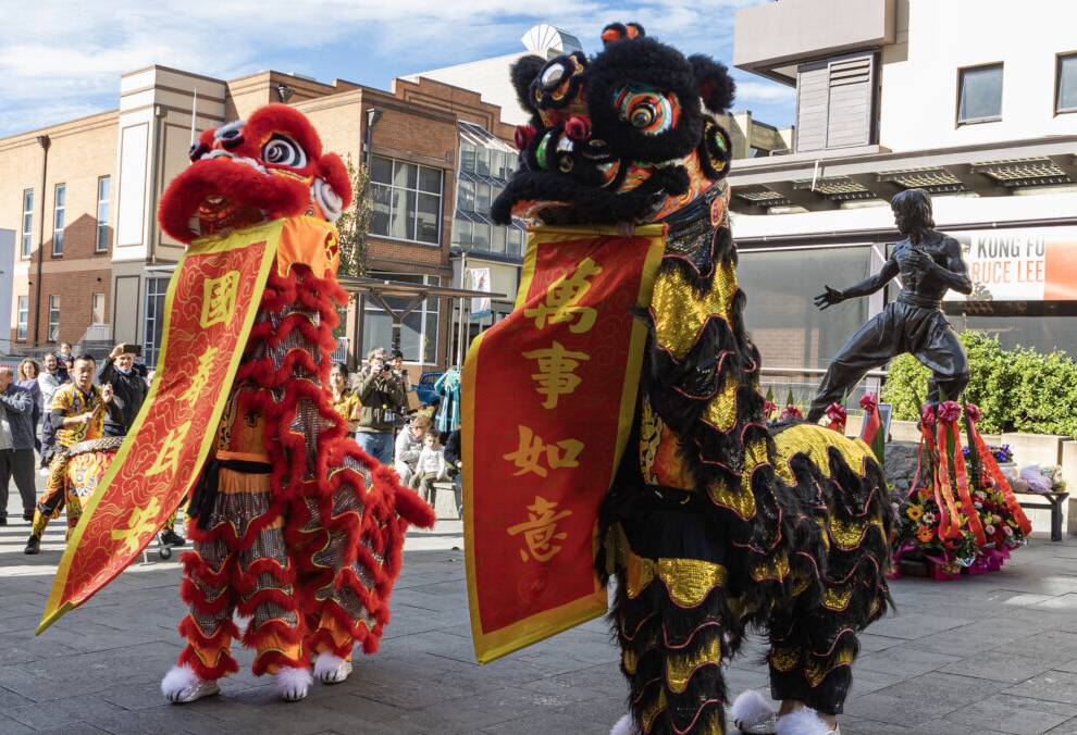 Lion dancers performing at the Bruce Lee commemoration at Kogarah Town Square.