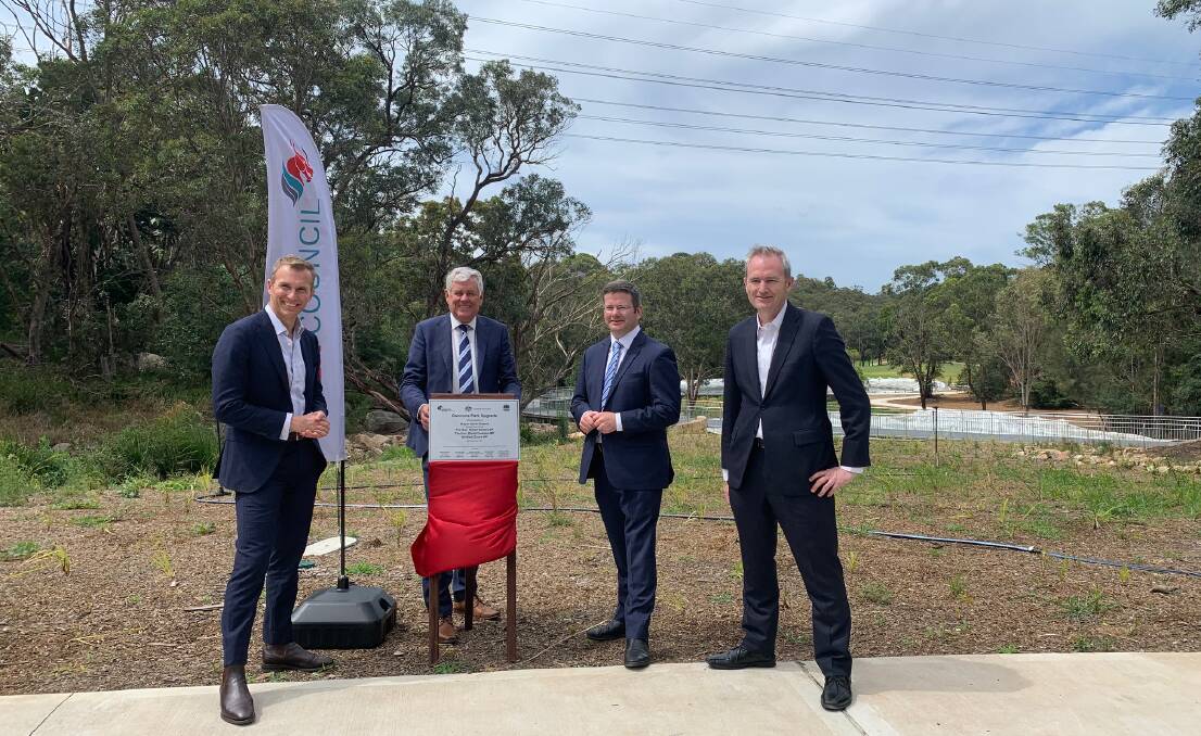 From left, Minister for Planning and Public Spaces, Rob Stokes, Georges River Council mayor Kevin Greene, Oatley MP Mark Coure and Federal Member for Banks, David Coleman at Gannons Park yesterday.