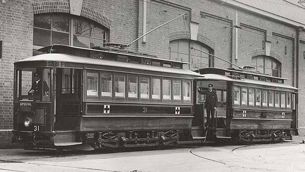 Important role: Sydney ambulance trams Nos 31 and 44, built in 1915 to carry sick and wounded soldiers from ambulance ships berthed at Woolloomooloo to the military hospital at Randick. Picture: Sydney Tramway Museum
