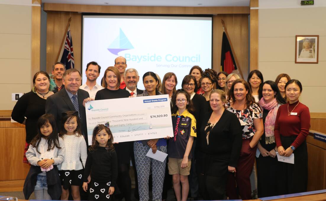 Community support: Mayor Bill Saravinovski (left) with representatives of the 21 community groups that have received support under the Bayside Council Community Grant Program.
