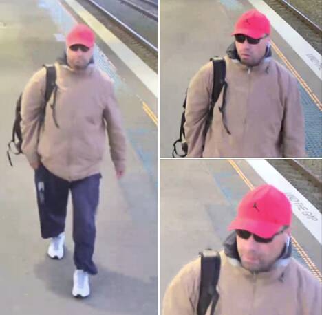 CCTV images of a man police believe can assist with their investigation of the asault of a man on a train between Rockdale and Banksia on October 6. Photos: NSW Police Facebook page.