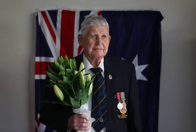 Time of reflection: Miranda RSL Sub-Branch member Bruce Grimley, aged 85, on Anzac Day, 2020. Picture: John Veage