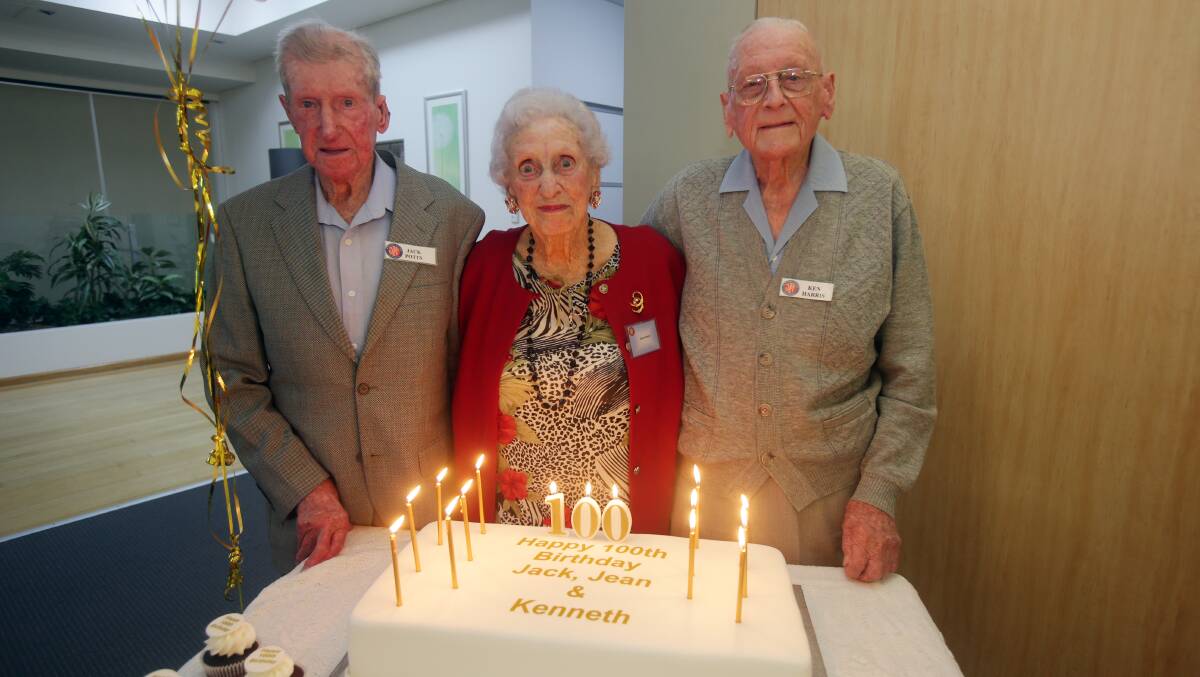 Three-hundred, not out: from left, Jack Potts, Jean Roberts and Ken Harris at their triple birthday party. Picture: Chris Lane