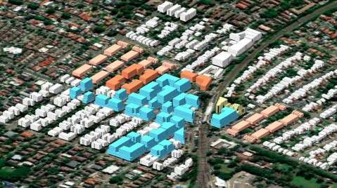 Future look: An indicative model of the building envelopes proposed under the draft Mortdale Local Centre Plan 2021. (Aerial view looking north-east).