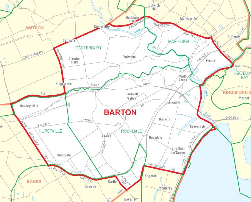 The electorate of Barton stretches from Marrickville in the north to Kogarah and Carlton in the south, and from Kyeemagh and Brighton Le Sands in the East to Kingsgrove and Beverly Hills in the west.