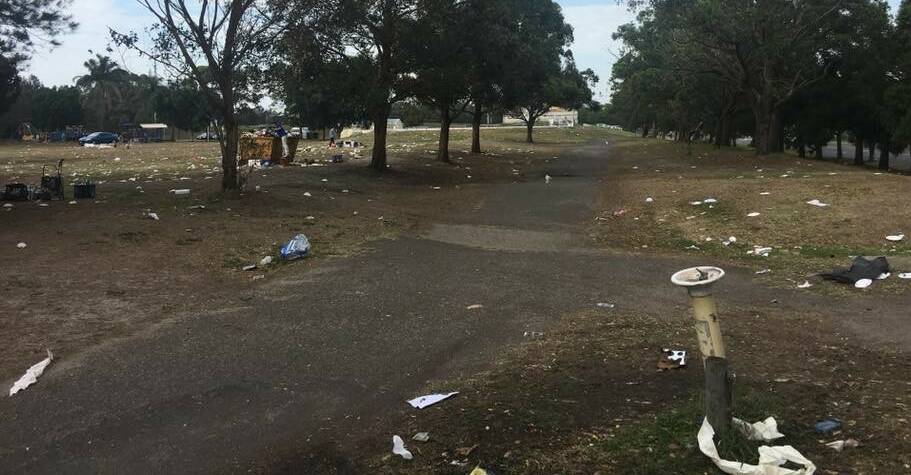 Residents arrived at Bicentennial Park on Sunday morning to find it covered with garbage and debris. Photos: Jo Lyons