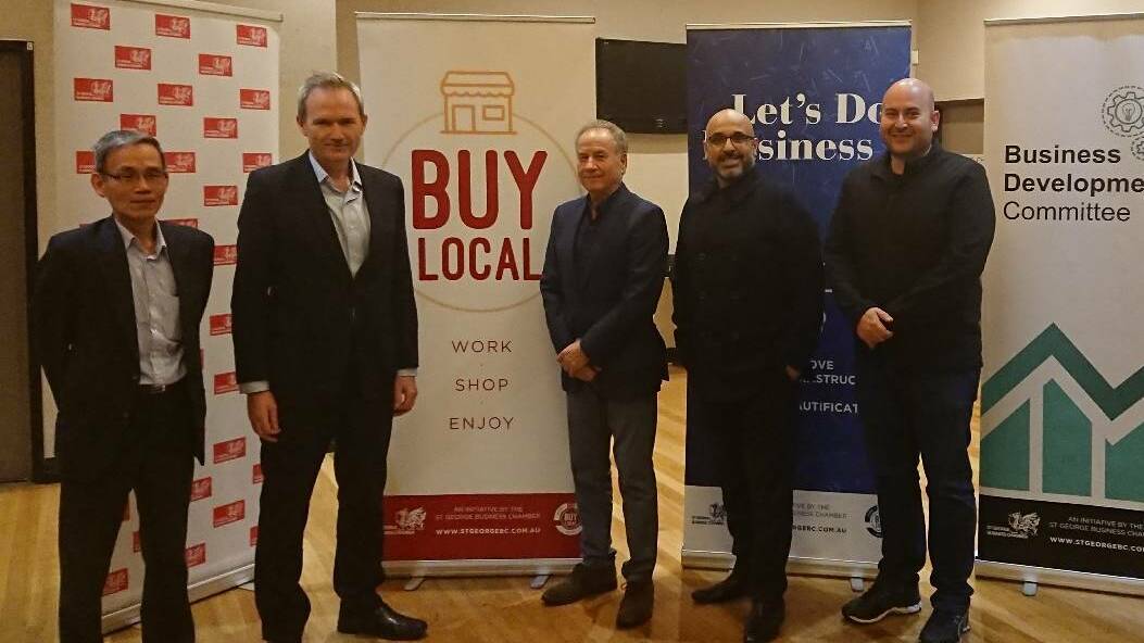 Local support: from left, St George Business Chamber treasurer Tak Li, Banks MP David Coleman, St George Business Chamber president Allan Zreik, vice-president Tony Baddour, and secretary Carlos Zeidan at launch of the Buy Local campaign.