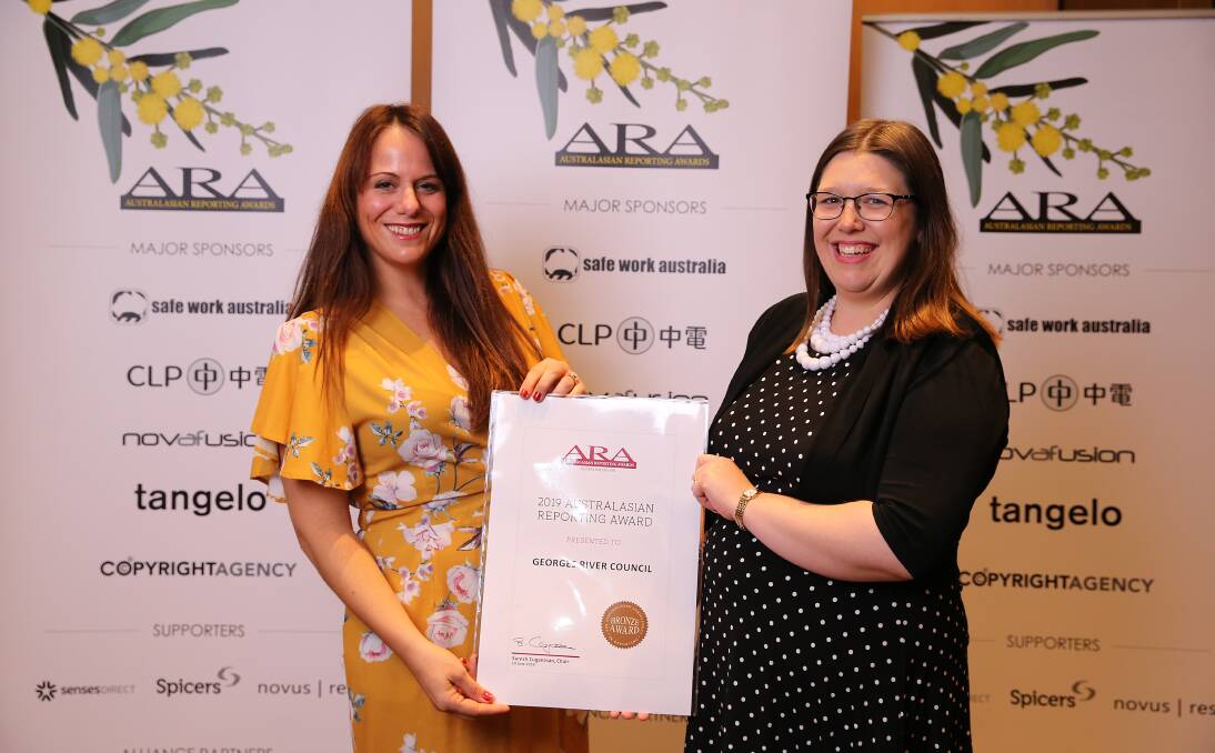 Georges River Council staff Reanne and Jessica with the Bronze Award at the 2019 Australasian Reporting Awards (ARA) in Melbourne.