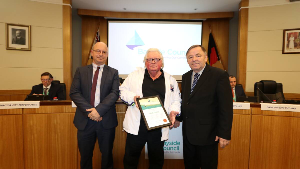 Achivements recognisesd: from left, Bayside councillor James MacDonald, Dick Caine and Bayside mayor Bill Saravinovski at the official presentation at last night's council meeting.