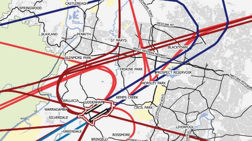 OVERHEAD NOISE: Draft modelling of the Western Sydney Airport flight paths. The red and maroon lines are departures for runway 05 and 23 respectively, and the blue lines are arrivals.