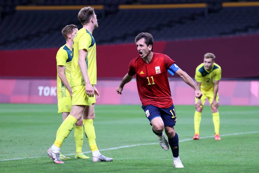 Spain's Mikel Oyarzabal celebrates after scoring the match-winning goal against the Olyroos at Sapporo Dome on Sunday night. Picture: Masashi Hara/Getty Images
