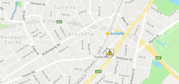 A map of where the incident occurred in Arncliffe on Monday. Picture: Live Traffic NSW