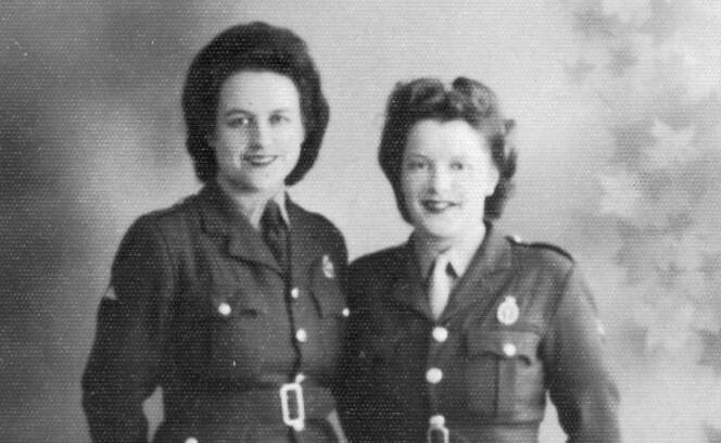 Marj Thornton (nee Pullen) left with her friend Joy as special wireless operators at Kedleston Hall in the early 1940s.