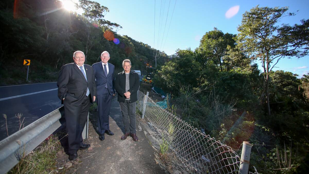Heathcote MP Lee Evans, Kiama MP Gareth Ward and Wollongong councillor Leigh Colacino at the start of construction of the Grand Pacific Walk. Picture: Adam McLean