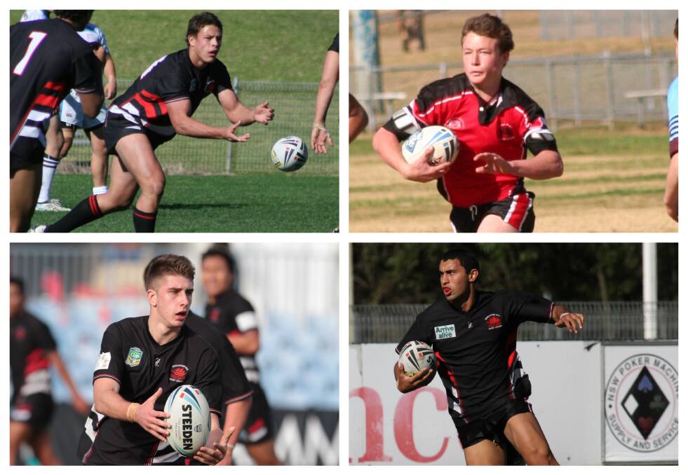 Former Endeavour Sports High School students Paul Momirovski and Scott Sorensen (Panthers) and Alex Johnston and Damien Cook (Rabbitohs). Picture: Endeavour Sports High School 