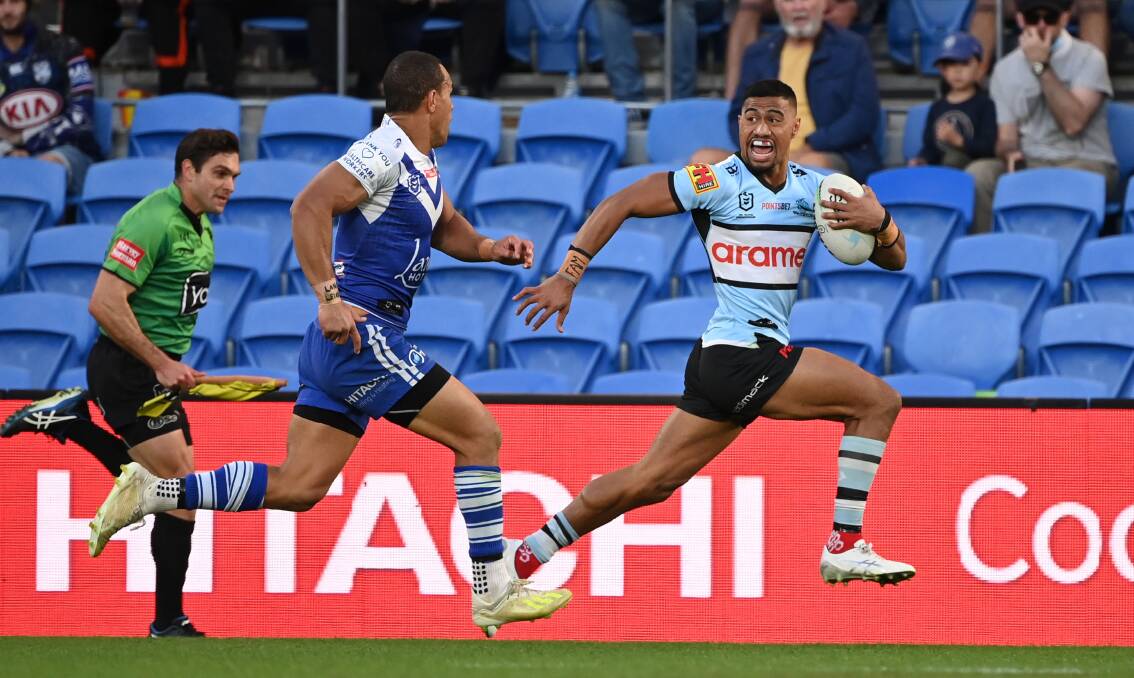 Flying: The Sharks have some great finishes with some classic three pointers in the 44-24 victory over the Bulldogs to Mulitano, Katoa and Tracey-defence on the other hand can be an issue. Picture: NRL Images.