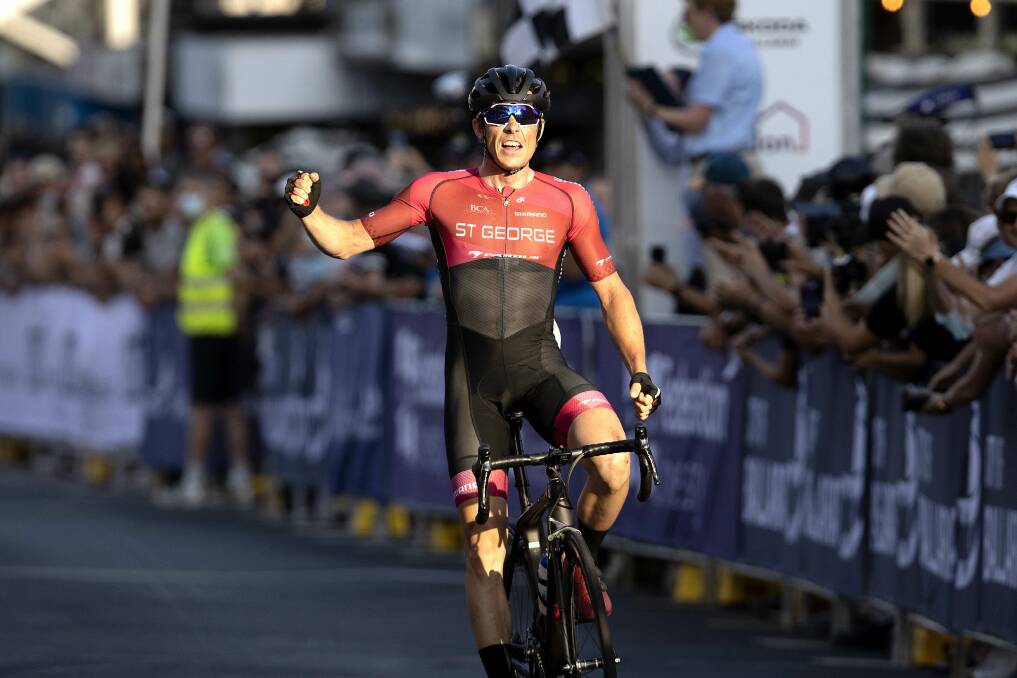 Solo: Cameron Ivory broke away and crossed the finish line alone after a hard 44 km Criterium race in Ballarat. Picture Con Chronis