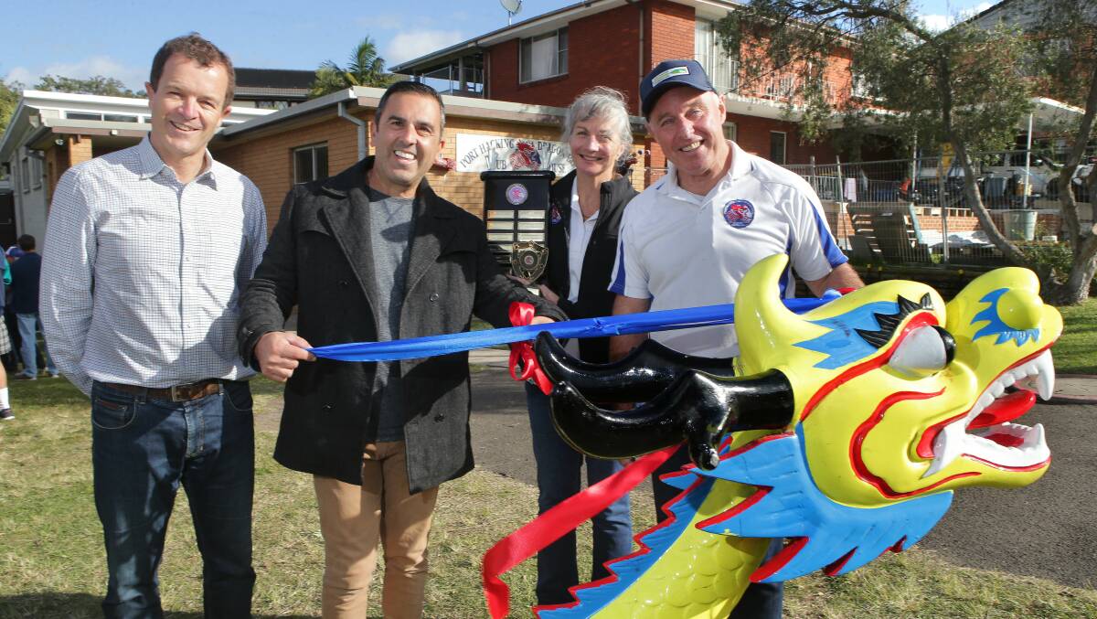 Celebration: Cronulla MP Mark Speakman,Mayor Carmelo Pesce,Vicki Fulton and Club President Ken Fitzgerald at the Port Hacking Dragon Boat clubhouse .Picture John Veage