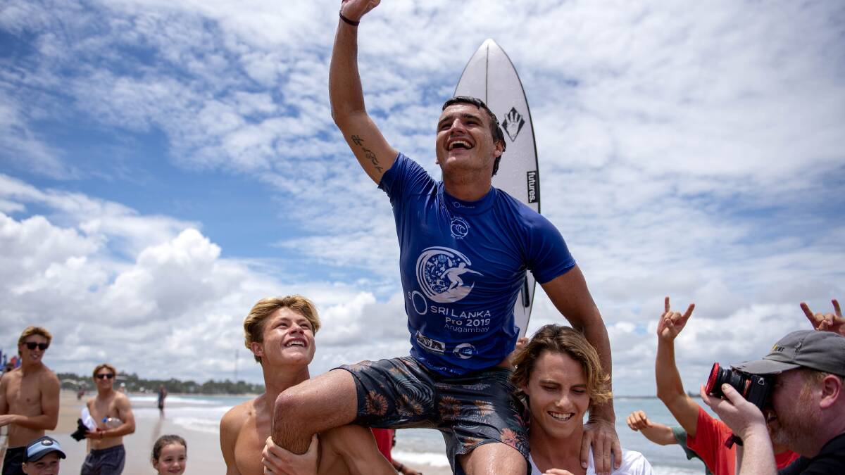 Gold Coast surfer Mitch Parkinson is chaired to victory at the So Sri Lanka Pro QS3,000. Picture WSL / Tom Bennett
