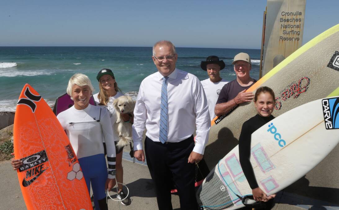 Surfing reserve: Prime Minister Scott Morrison shows his support for Cronulla Beach's national surfing reserve. Picture: John Veage