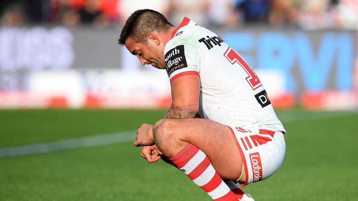Paul Vaughan of the Dragons reacts following his team's loss to the Knights during the Round 10 NRL match between the St George Illawarra Dragons and the Newcastle Knights Picture AAP Image/Dan Himbrechts 