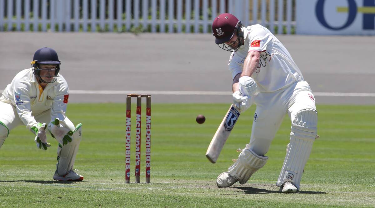 Top score: Saints second grade batsman Nick Shurmer punishes the Fairfield attack in his unbeaten 89 at Hurstville Oval on Saturday. Picture: John Veage