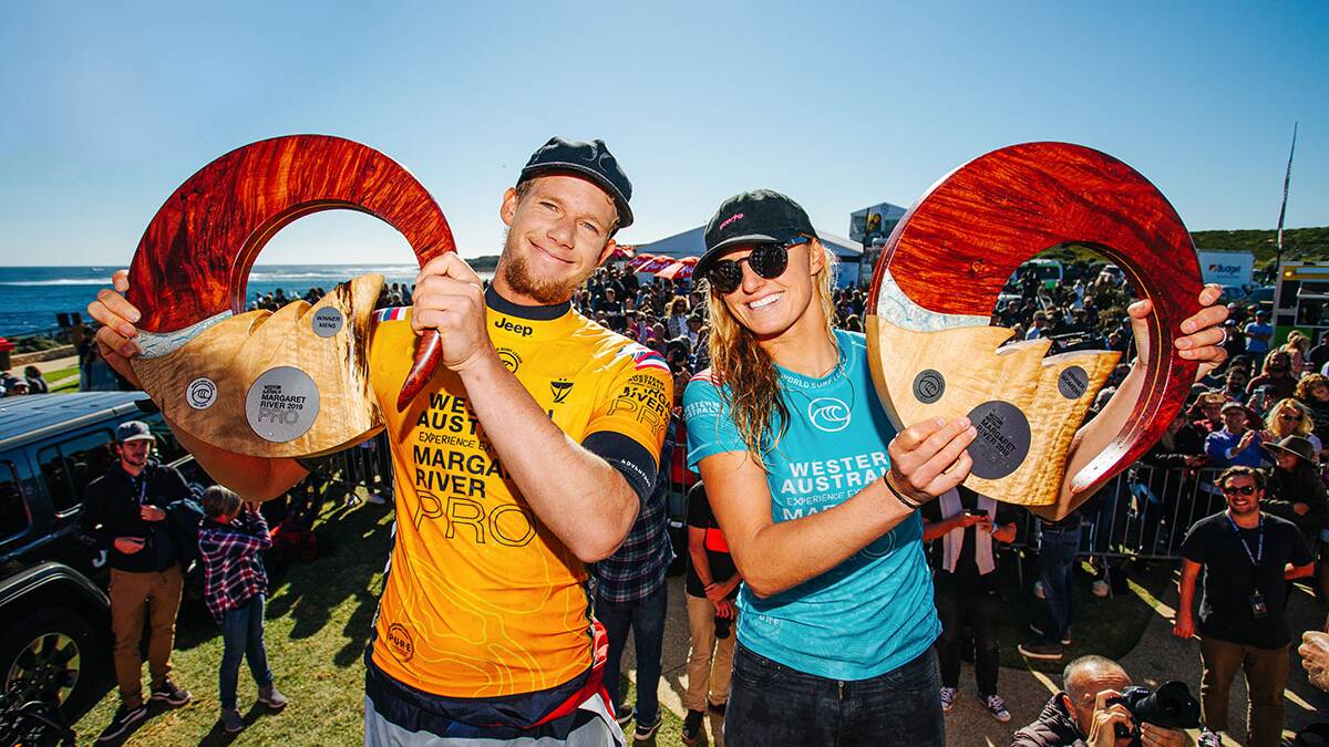 John John Florence (HAW) and Lakey Peterson (USA) celebrate their victories at the Margaret River Pro.Picture WSL / Dunbar