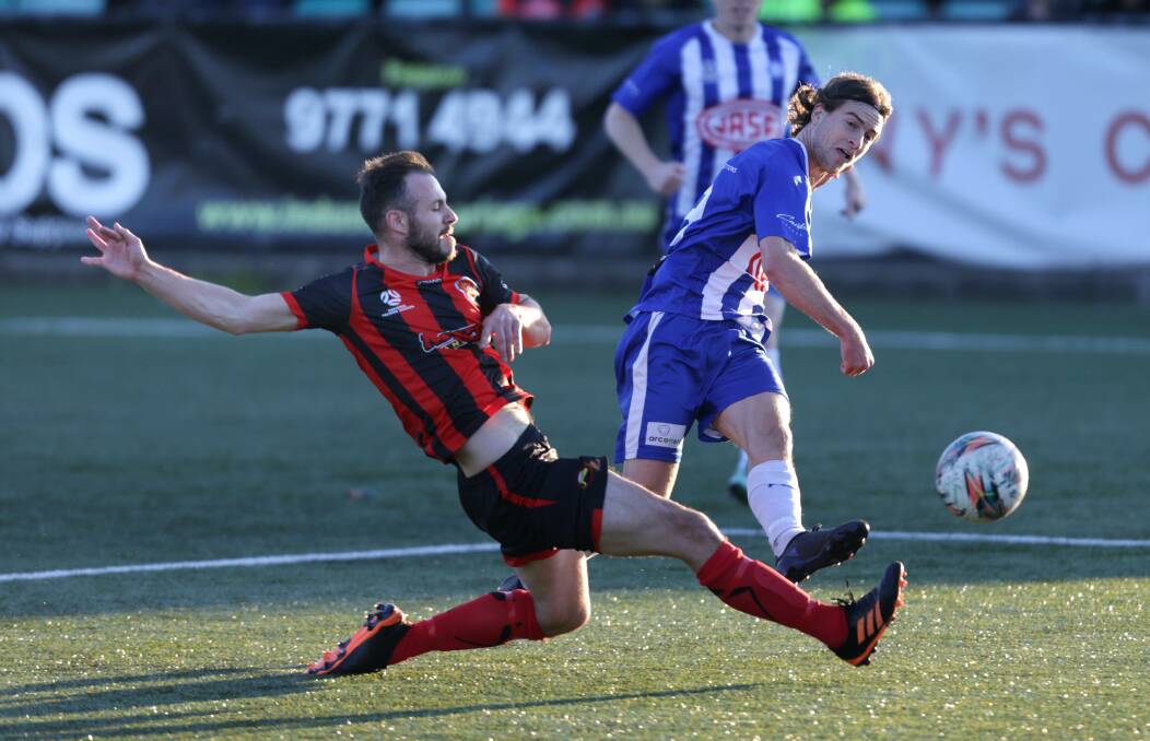 Blues: Sydney Olympic secured a 3-1 victory over rivals Rockdale Ilinden FC at home to heap some more pain on the injury hit Suns team. Picture John Veage